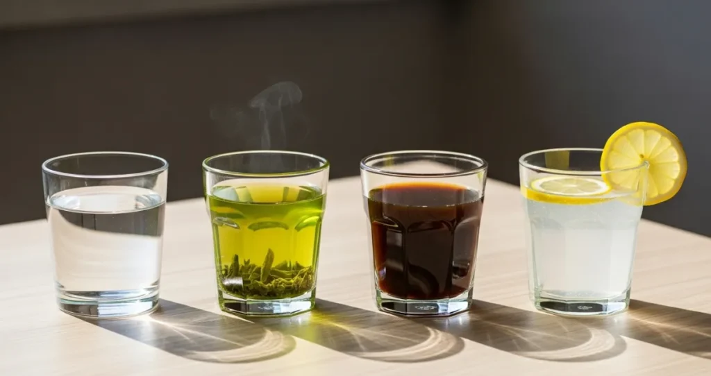 Bebidas liberadas durante o jejum: água, chá verde, café preto e água com limão"